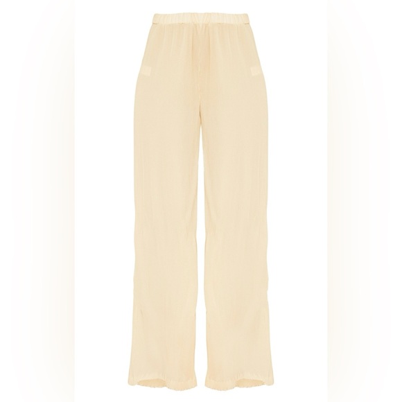 Cream Plisse Set Button Front Oversized Shirt & High Waisted Wide Leg Pants - Picture 4 of 7